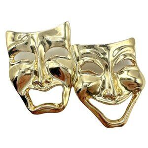 Vintage Theater Masks Comedy and Tragedy Gold Tone Brooch Pin